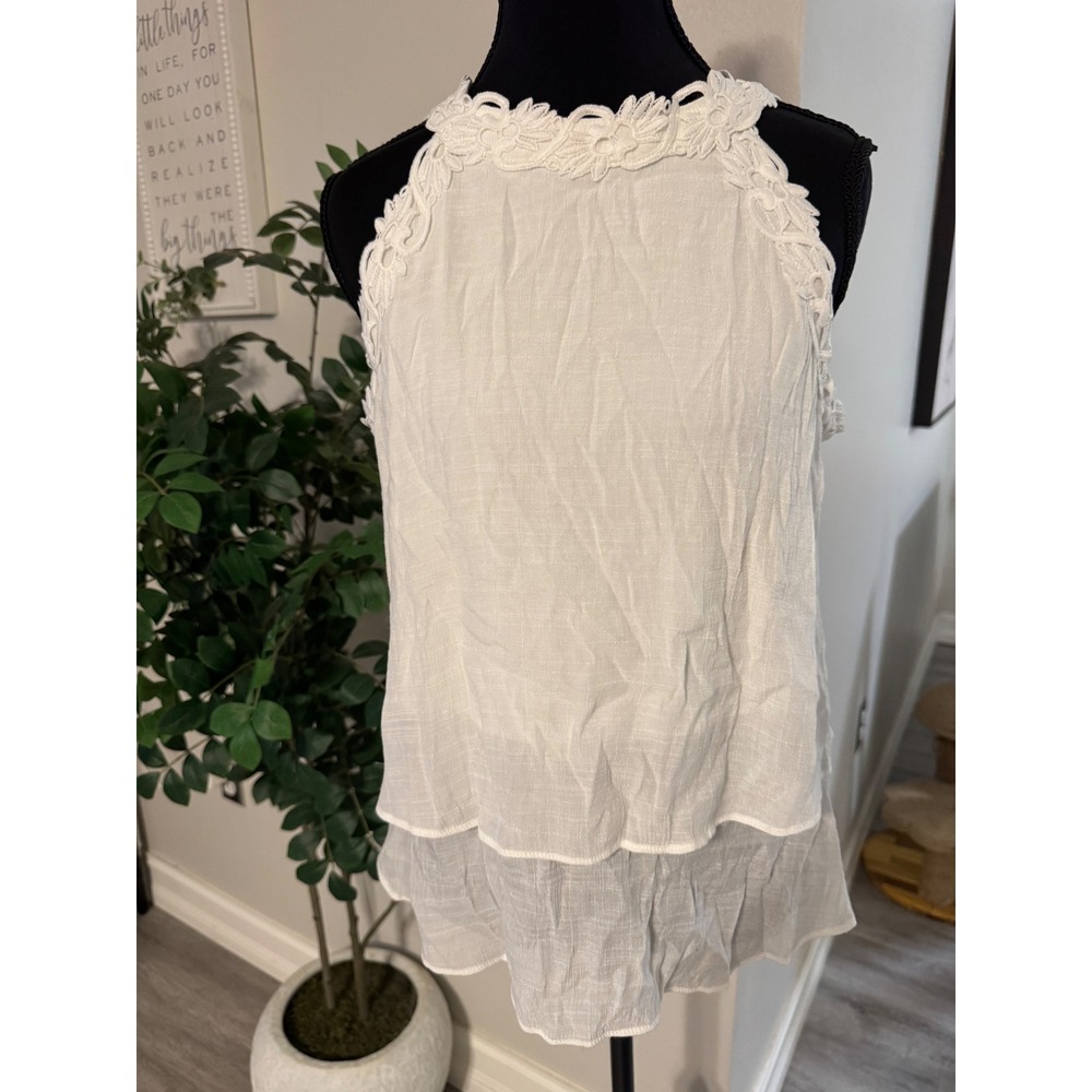 BCX White Halter Top Floral Lace Trim Layered Sleeveless Blouse Medium